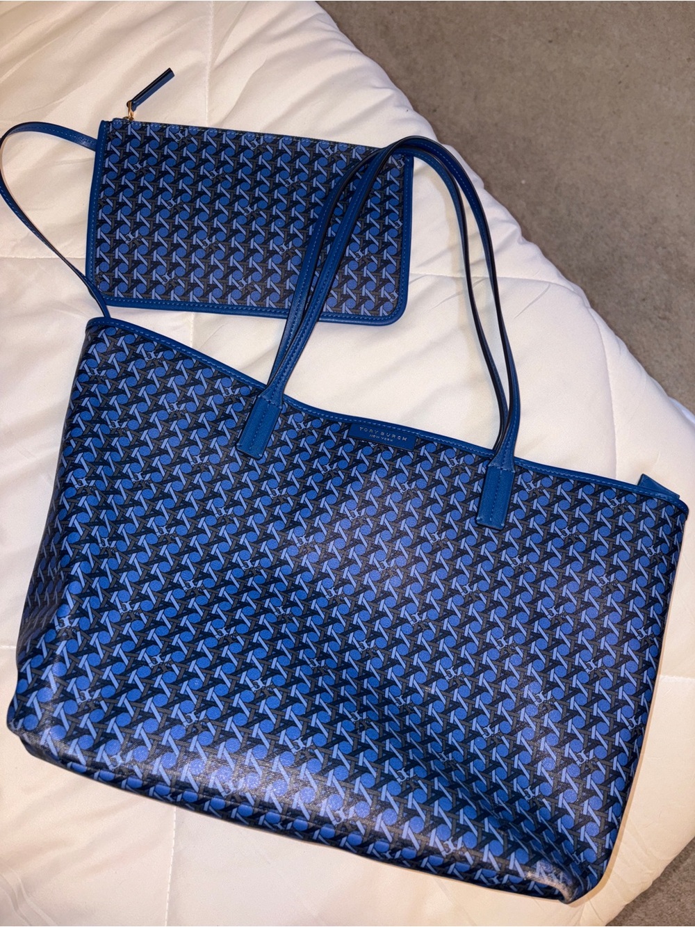 Tory Burch Blue Patterned Tote with Matching Pouch